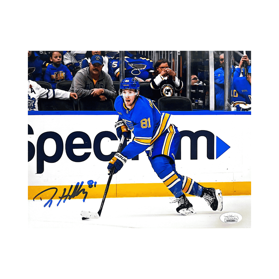 Dylan Holloway St Louis Blues Autographed Alternate Jersey 8x10 Photo Fan Cave