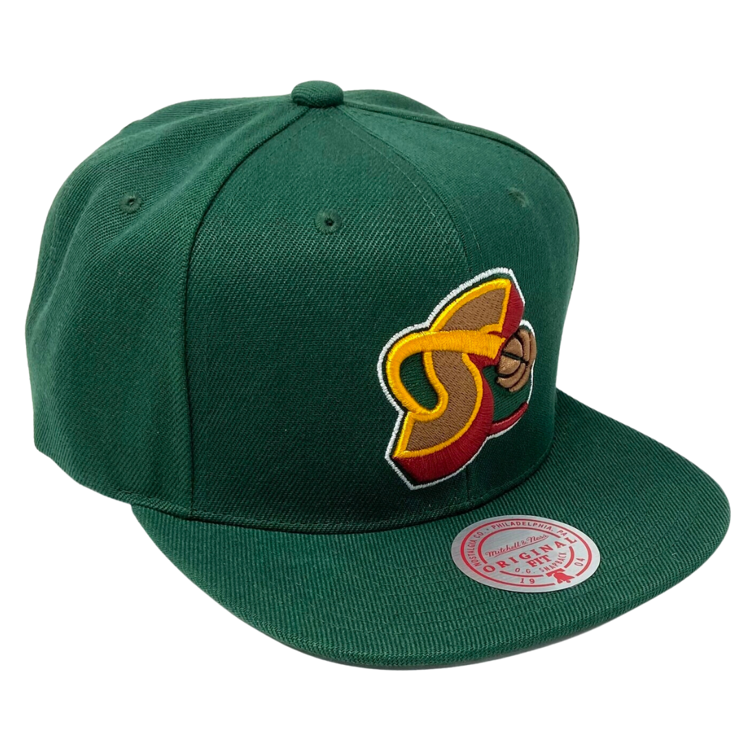 Mitchell & Ness Seattle Supersonics Shredder Stretch Hardwood Classic Red  Flex Snapback Hat, CURVED HATS, CAPS