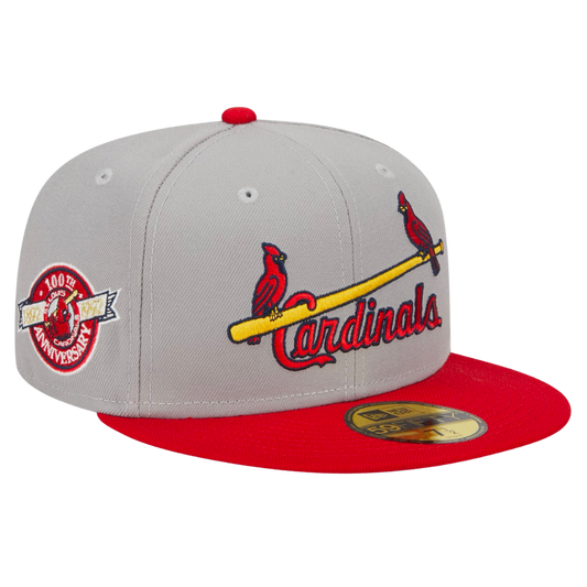 St Louis Cardinals Birds on Bat Retro 100th Anniversary Patch 2Tone New Era Red/Grey 59FIFTY Fitted Hat