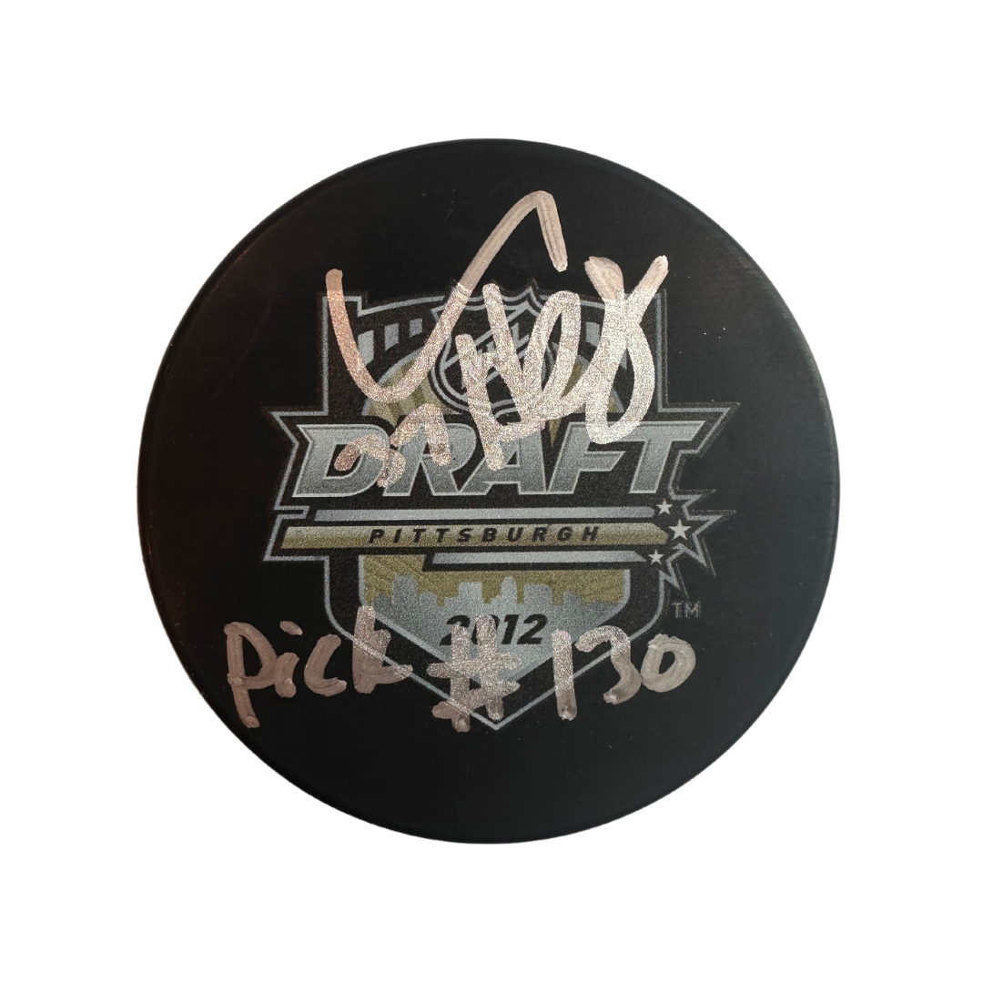 Connor Hellebuyck Winnipeg Jets Autographed Draft Puck w/ "Pick #130" Inscription - Fan Cave COA (Fine)