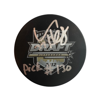 Connor Hellebuyck Winnipeg Jets Autographed Draft Puck w/ "Pick #130" Inscription - Fan Cave COA (Fine)