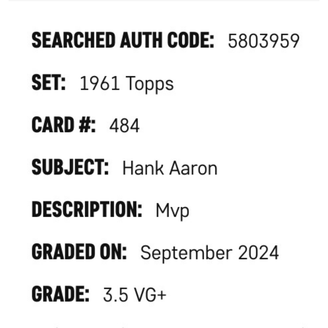 Hank Aaron SGC 3.5 1961 Topps MVP Card #484