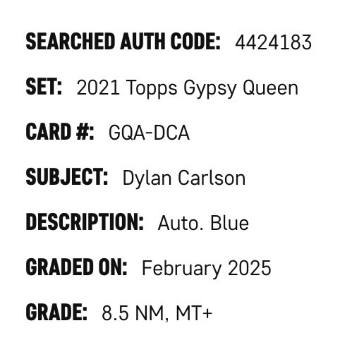 Dylan Carlson SGC 8.5 2021 Topps Queen Autographed Blue #D/99 Card #GQA-DCA