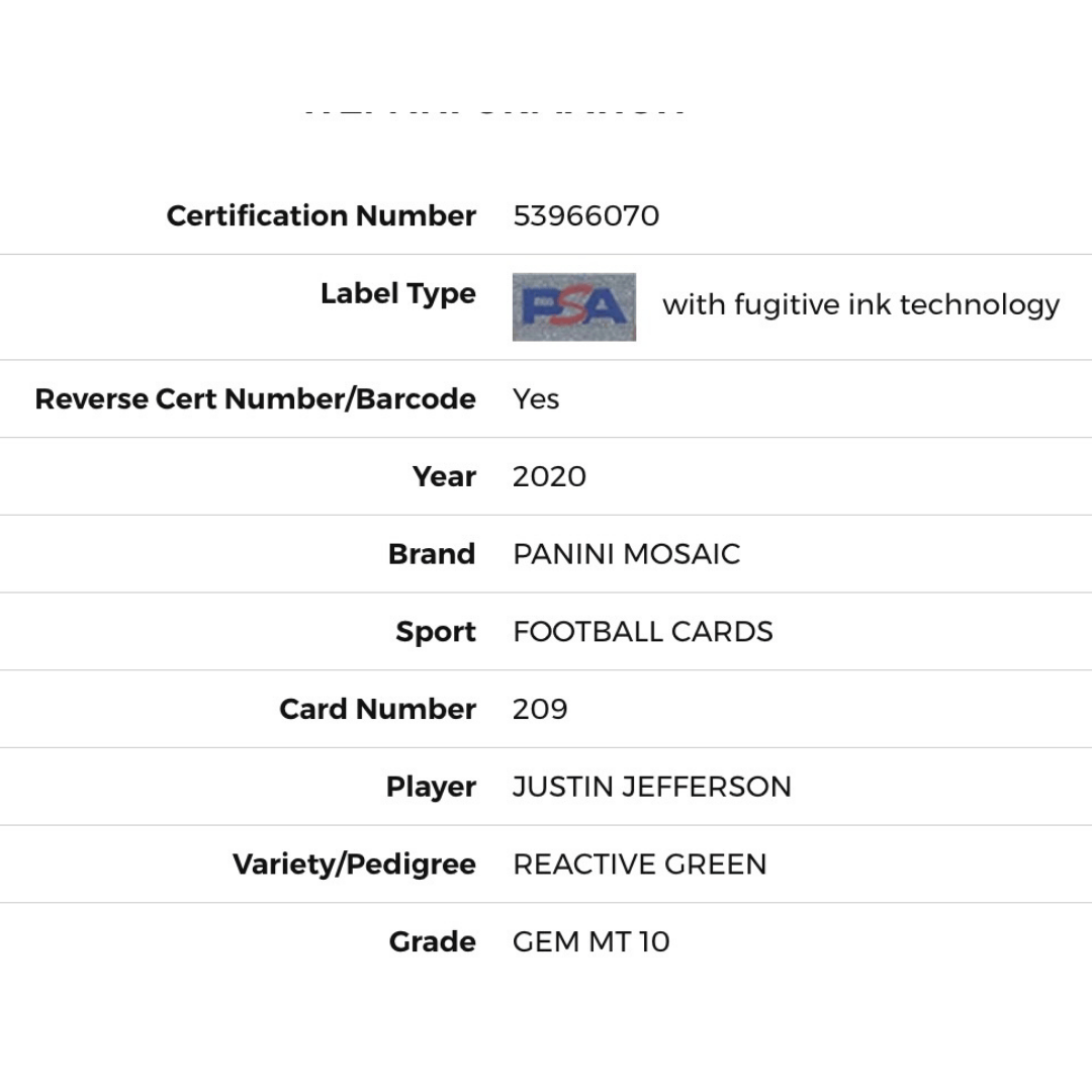 Justin Jefferson PSA 10 2020 Panini Mosaic Reactive Green Prizm Rookie RC Card #209