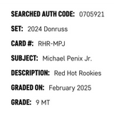 Michael Penix Jr SGC 9 2024 Panini Donruss Red Hot Rookies Card #RHR-MPJ