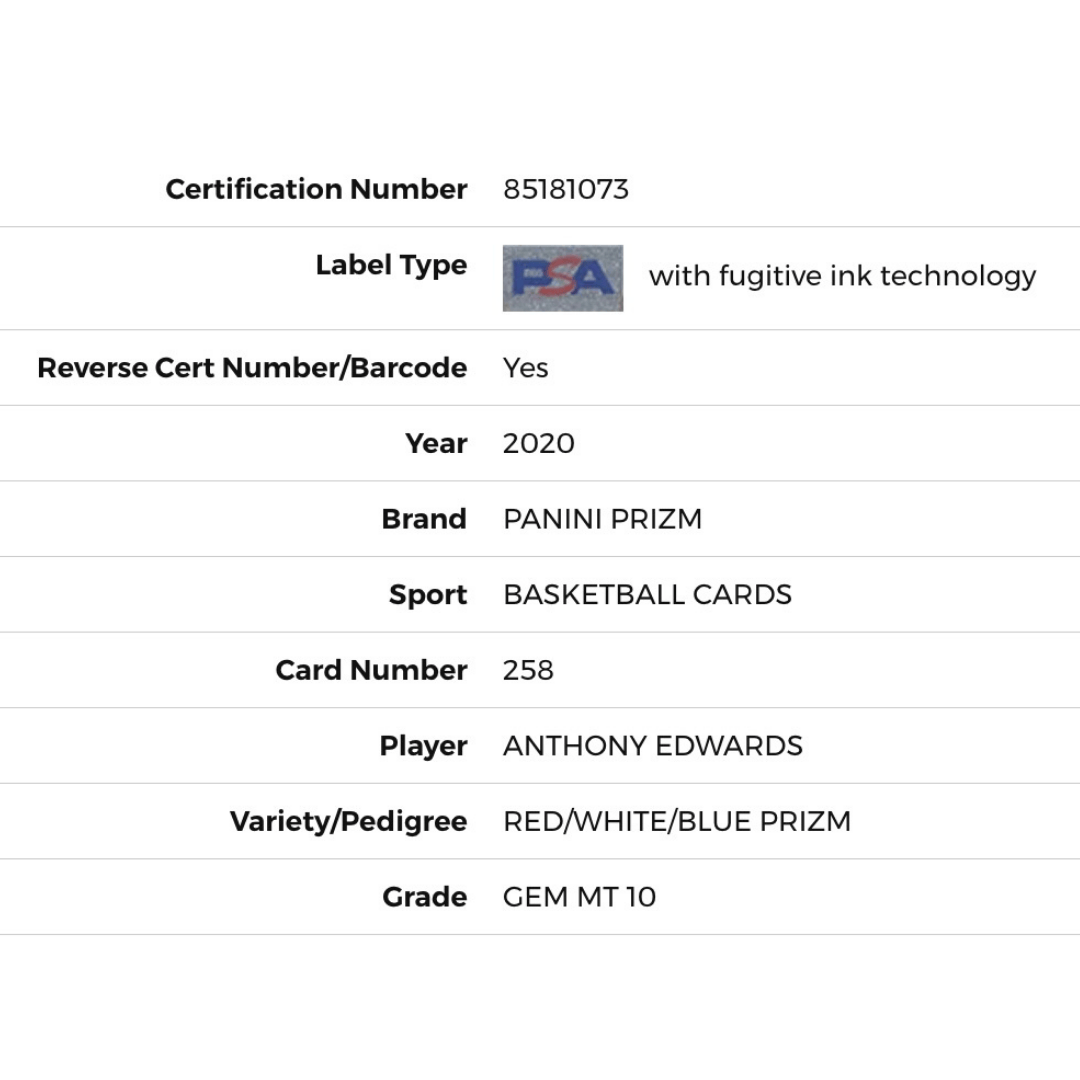 Anthony Edwards PSA 10 2020 Panini Prizm Red/White/Blue Prizm Rookie Card #258