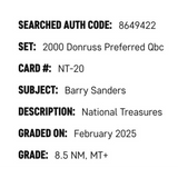 Barry Sanders SGC 8.5 2000 Panini Donruss Preferred Qbc National Treasures #D /1000 Card #NT-20