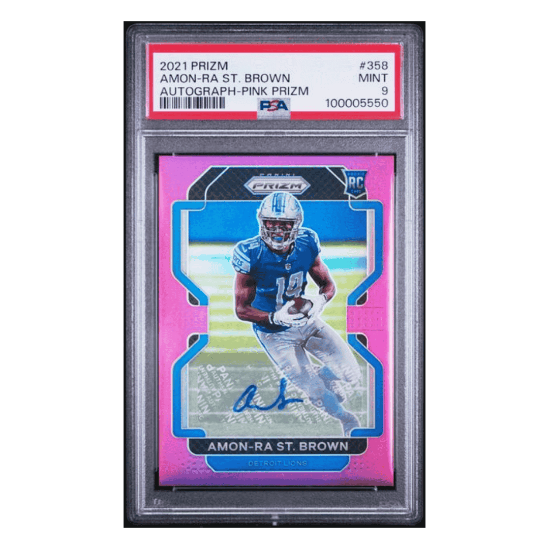 Amon-Ra St Brown PSA 9 2021 Panini Prizm Autograph Pink Prizm Rookie RC Card #358