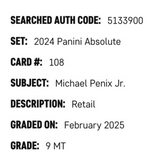 Michael Penix Jr SGC 9 2024 Panini Absolute Retail Rookie RC Card #108