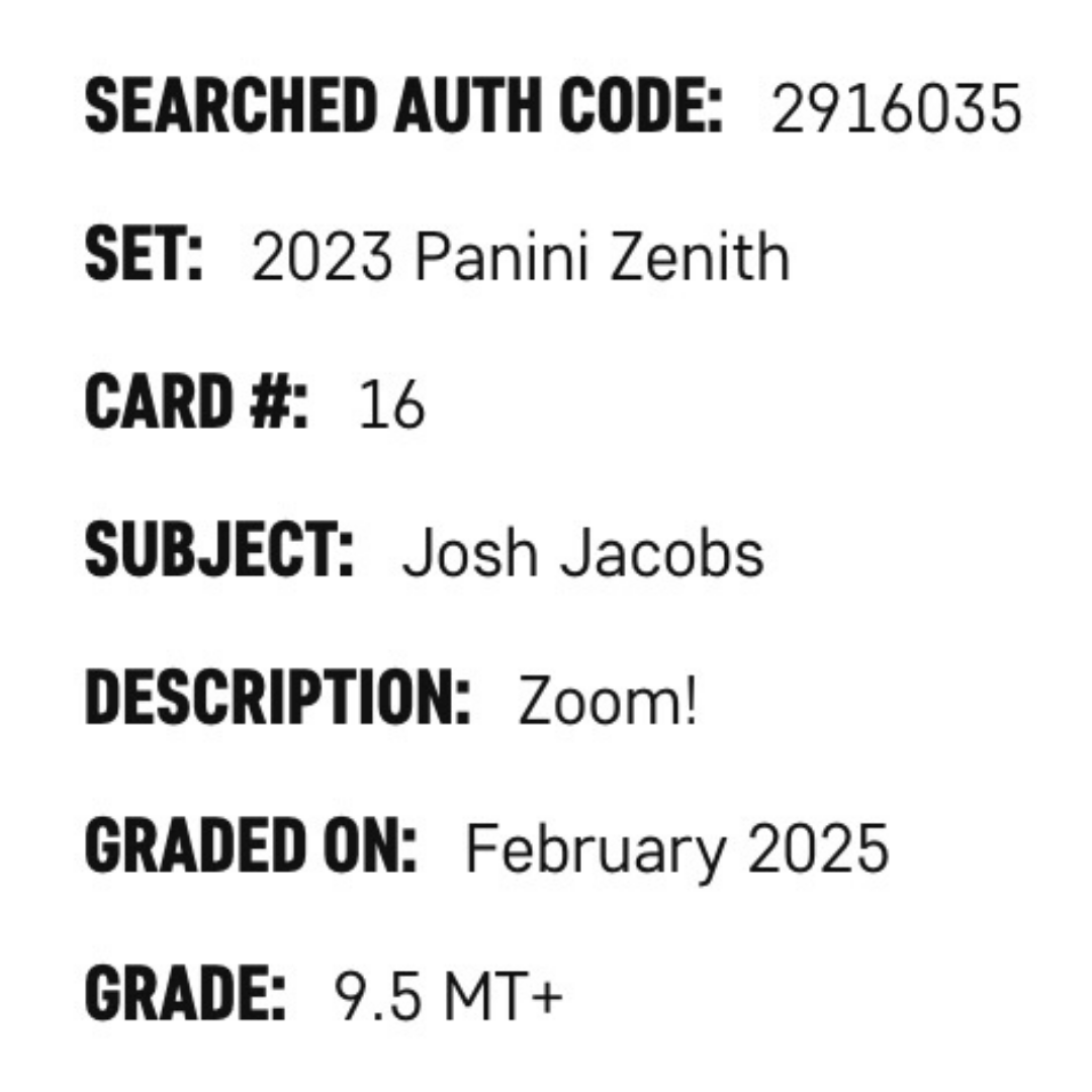 Josh Jacobs SGC 9.5 2023 Panini Zenith Zoom! Case Hit SSP Card #16