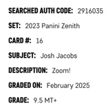 Josh Jacobs SGC 9.5 2023 Panini Zenith Zoom! Case Hit SSP Card #16