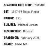 Michael Jordan SGC 8 1997-98 Topps Finest Bronze Card #271