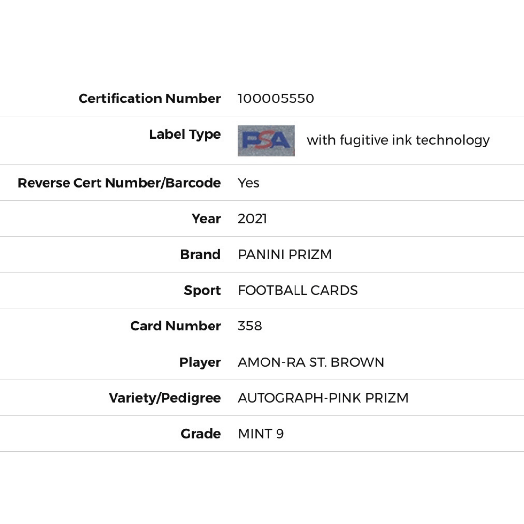 Amon-Ra St Brown PSA 9 2021 Panini Prizm Autograph Pink Prizm Rookie RC Card #358