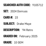 Drake Maye SGC 10 2024 Panini Donruss '94 Retro Rookie RC Card #23