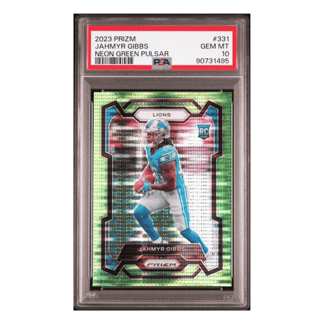 Jahmyr Gibbs PSA 10 2023 Panini Prizm Neon Green Pulsar Rookie RC Card #331