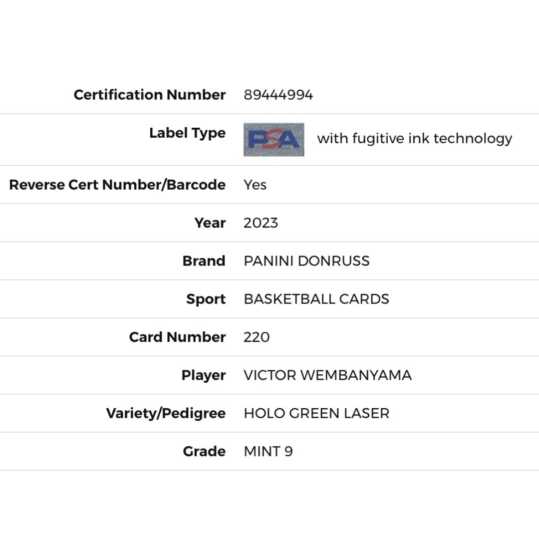 Victor Wembanyama PSA 9 2023 Panini Donruss Green Holo Laser Rated Rookie Card #220