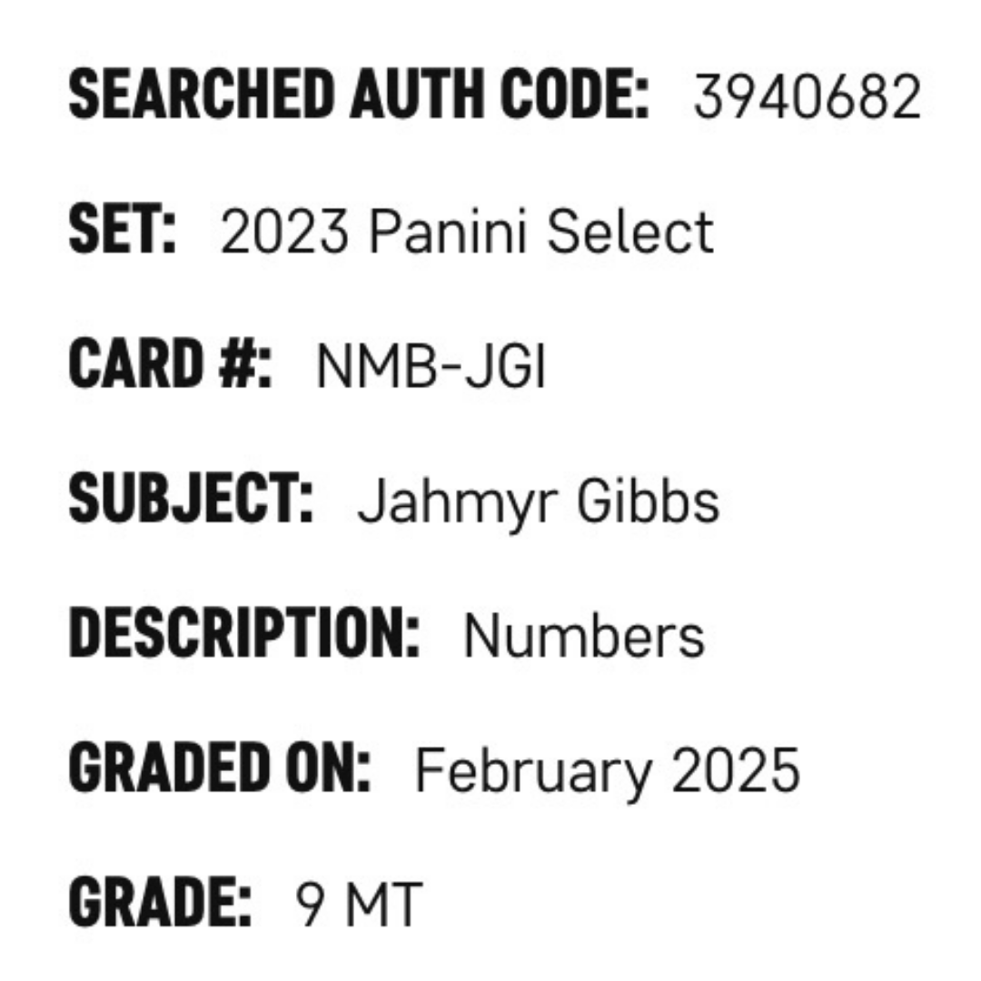 Jahmyr Gibbs SGC 9 2023 Panini Select Numbers Rated Rookie Card #NMB-JGI