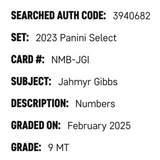 Jahmyr Gibbs SGC 9 2023 Panini Select Numbers Rated Rookie Card #NMB-JGI