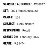 Malik Nabers SGC 9.5 2024 Panini Absolute Retail Rated Rookie Card #106