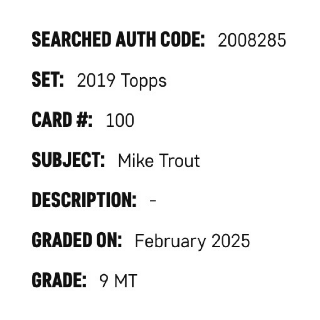 Mike Trout SGC 9 2019 Topps Card #100