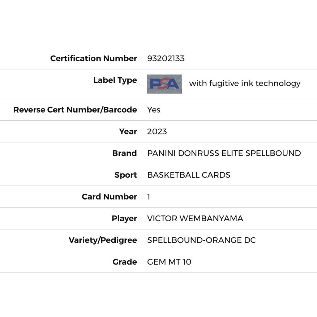 Victor Wembanyama PSA 10 2023 Panini Donruss Elite Spellbound - Orange DC Rookie RC Card #1