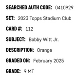 Bobby Witt Jr SGC 9 2023 Topps Stadium Club Orange #D /199 Card #112