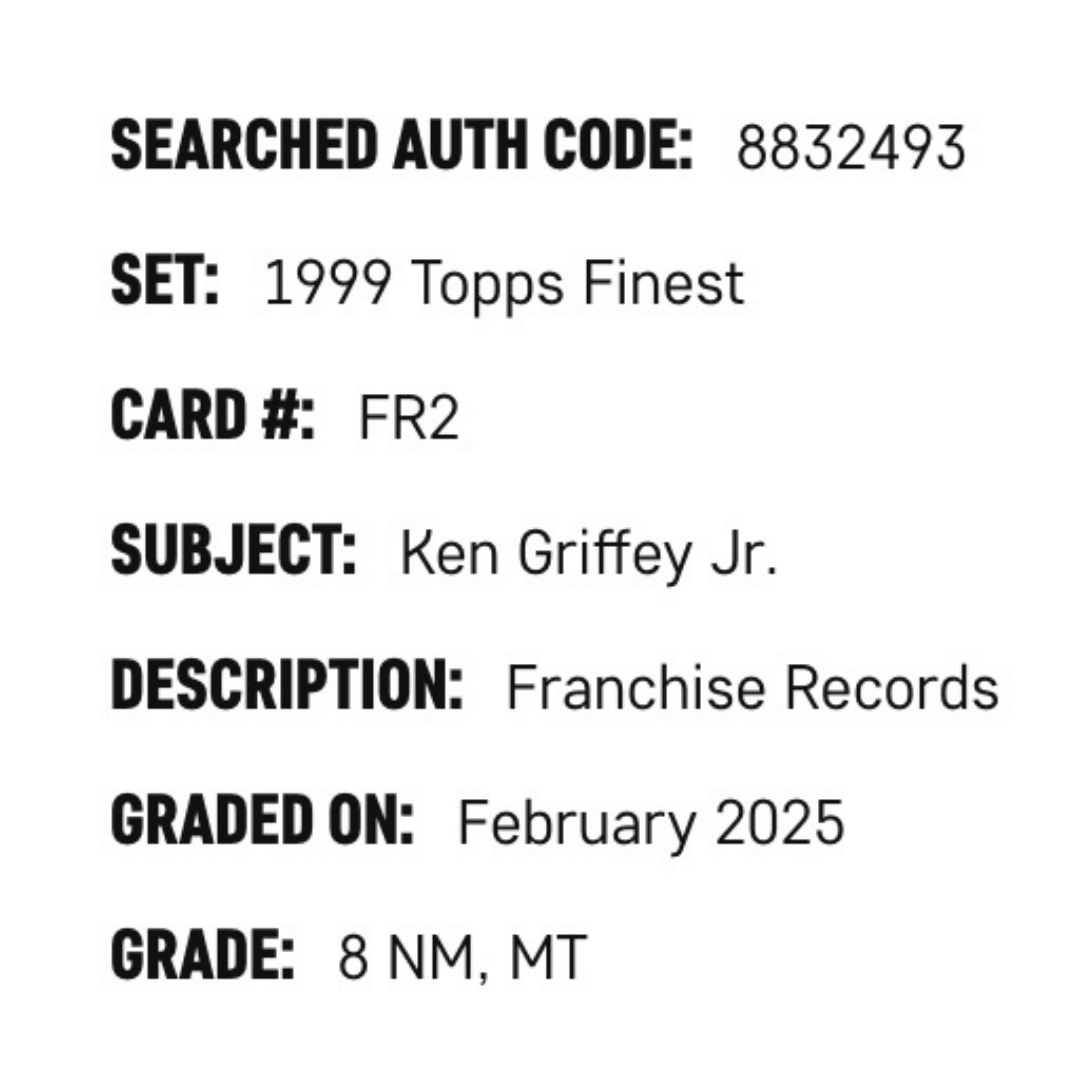 Ken Griffey Jr SGC 8 1999 Topps Finest Franchise Records Card #FR2