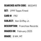 Ken Griffey Jr SGC 8 1999 Topps Finest Franchise Records Card #FR2