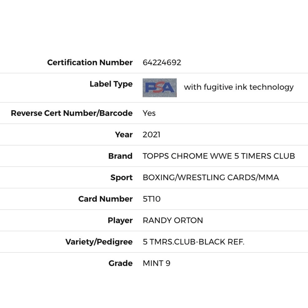 Randy Orton PSA 9 2021 Topps Chrome WWE 5 Timers Club - Black Refractor Card #5T10