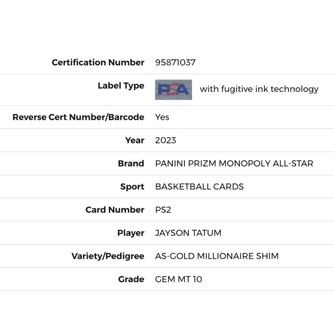 Jayson Tatum PSA 10 2023 Panini Prizm Monopoly All Star Gold Millionaire Shimmer #D/500 Card #PS2