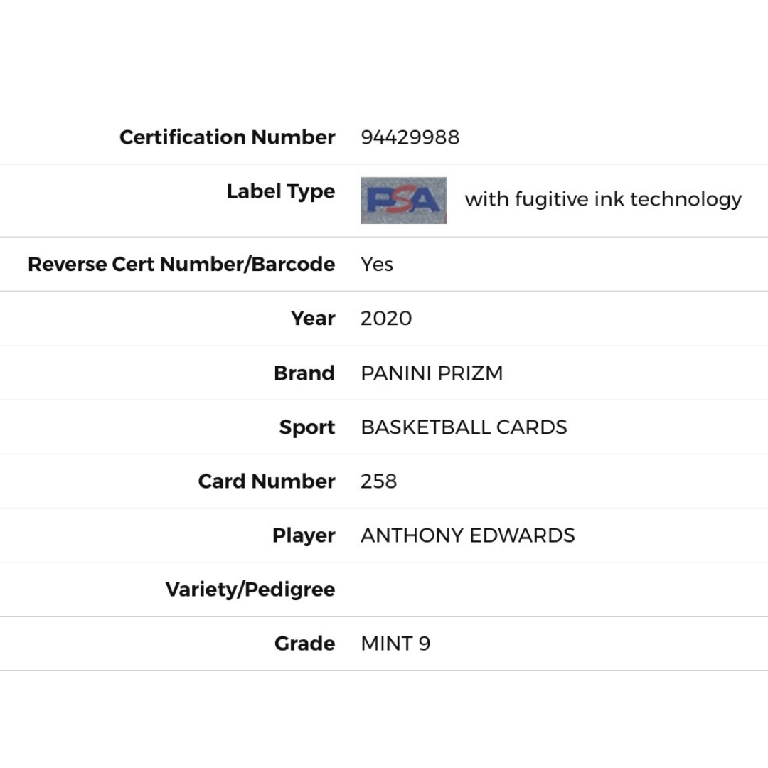 Anthony Edwards PSA 9 2020 Panini Prizm Rookie Card #258