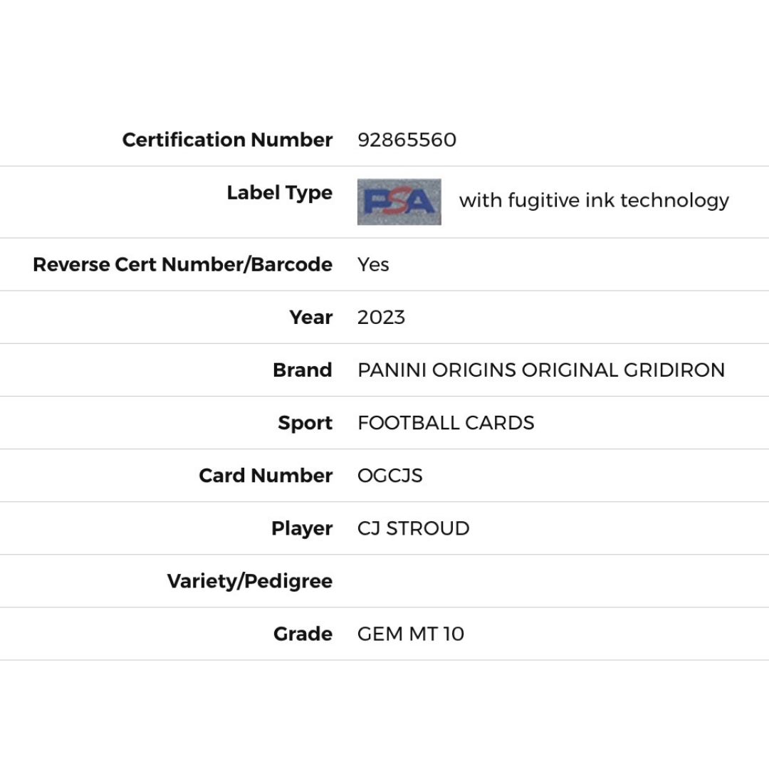 C.J. Stroud PSA 10 2023 Panini Origins Original Gridiron Card #OGCJS