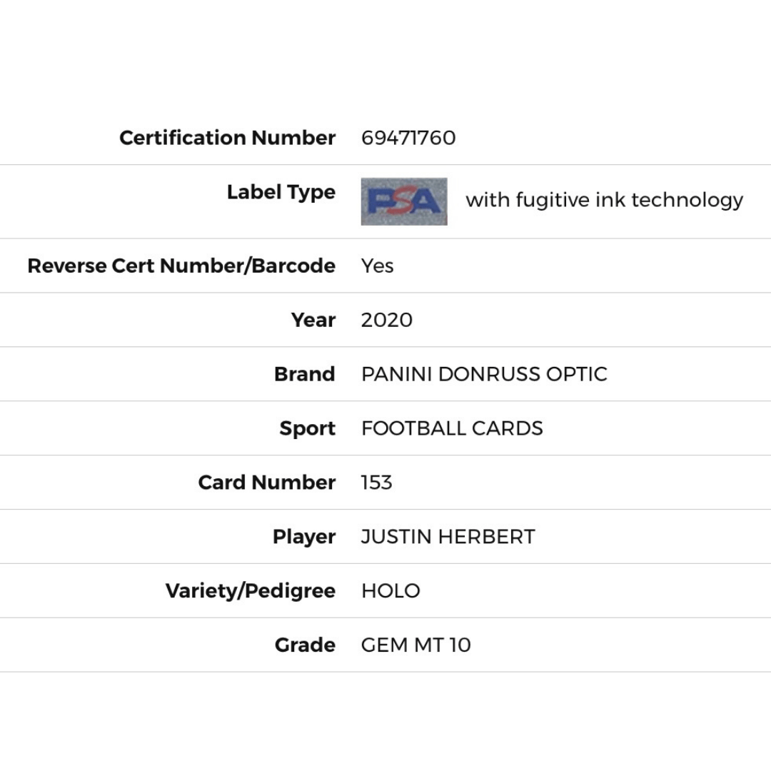 Justin Herbert PSA 10 2020 Panini Donruss Optic Holo Rated Rookie Card #153