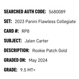 Jalen Carter SGC 9.5 2023 Panini Flawless Collegiate Rookie Patch Gold #D/10 Card #RP8