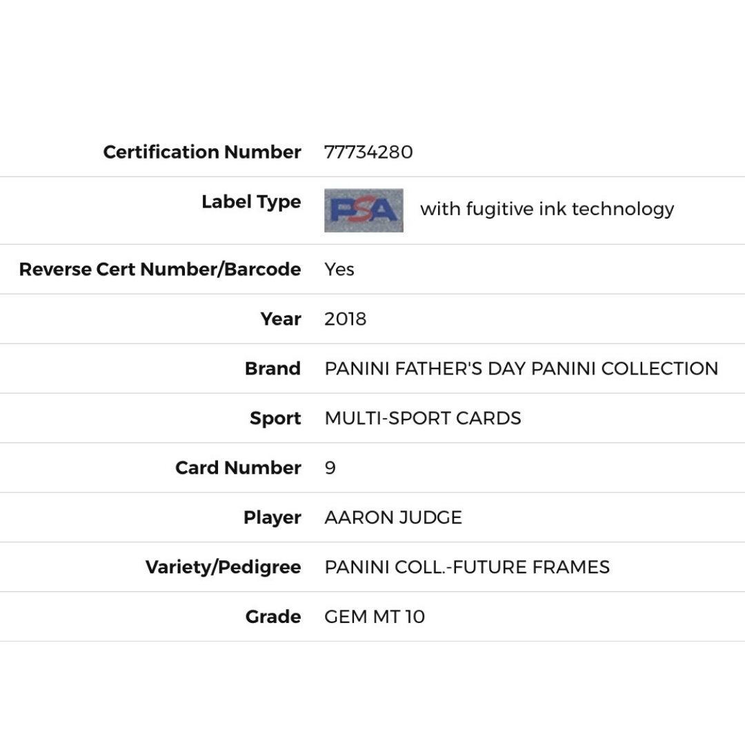 Aaron Judge PSA 10 2018 Panini Father's Day Panini Collection Future Frames Card #9