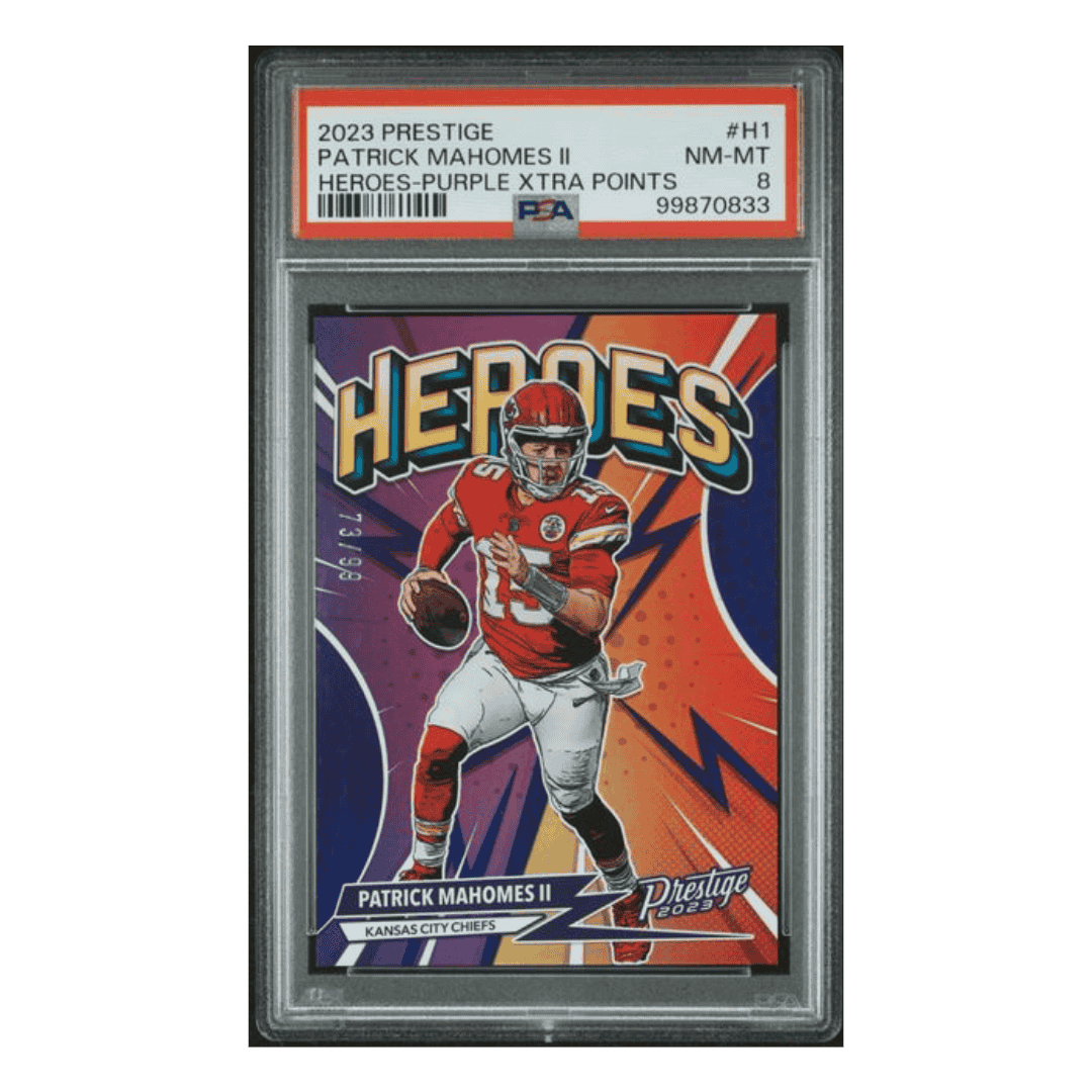 Patrick Mahomes PSA 8 2023 Panini Prestige Heroes - Purple Xtra Points Card #H1