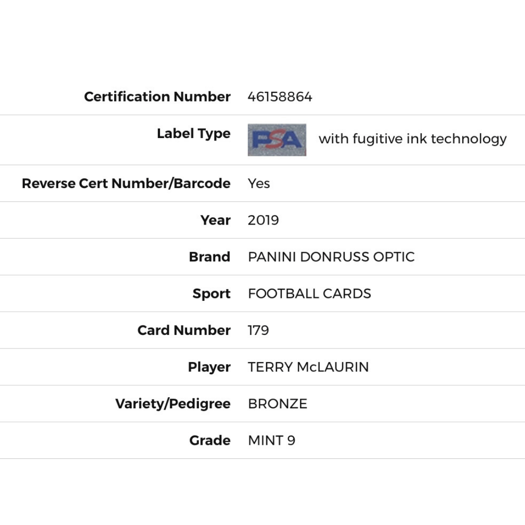Terry McLaurin PSA 9 2019 Panini Donruss Optic Bronze Card #179