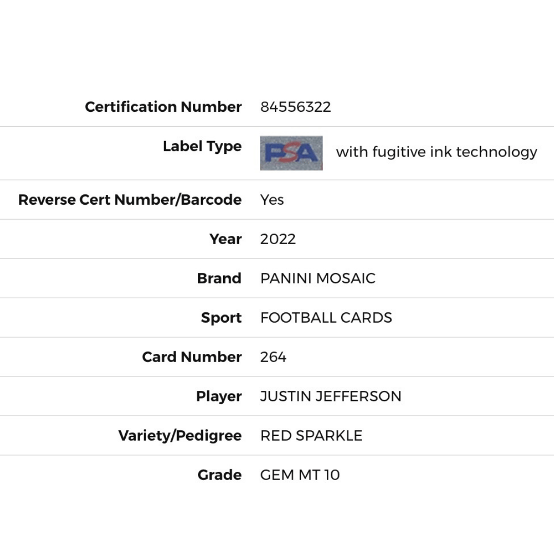 Justin Jefferson PSA 10 2022 Panini Mosaic Red Sparkle Card #264