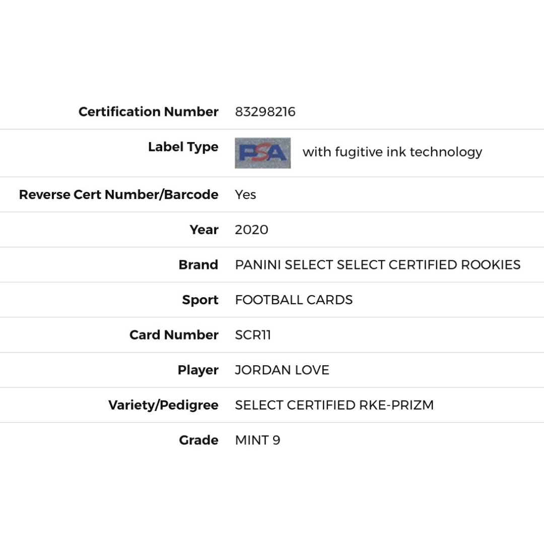 Jordan Love PSA 9 2020 Panini Select Select Certified Rookie - Prizm Card #SCR11