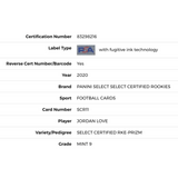 Jordan Love PSA 9 2020 Panini Select Select Certified Rookie - Prizm Card #SCR11