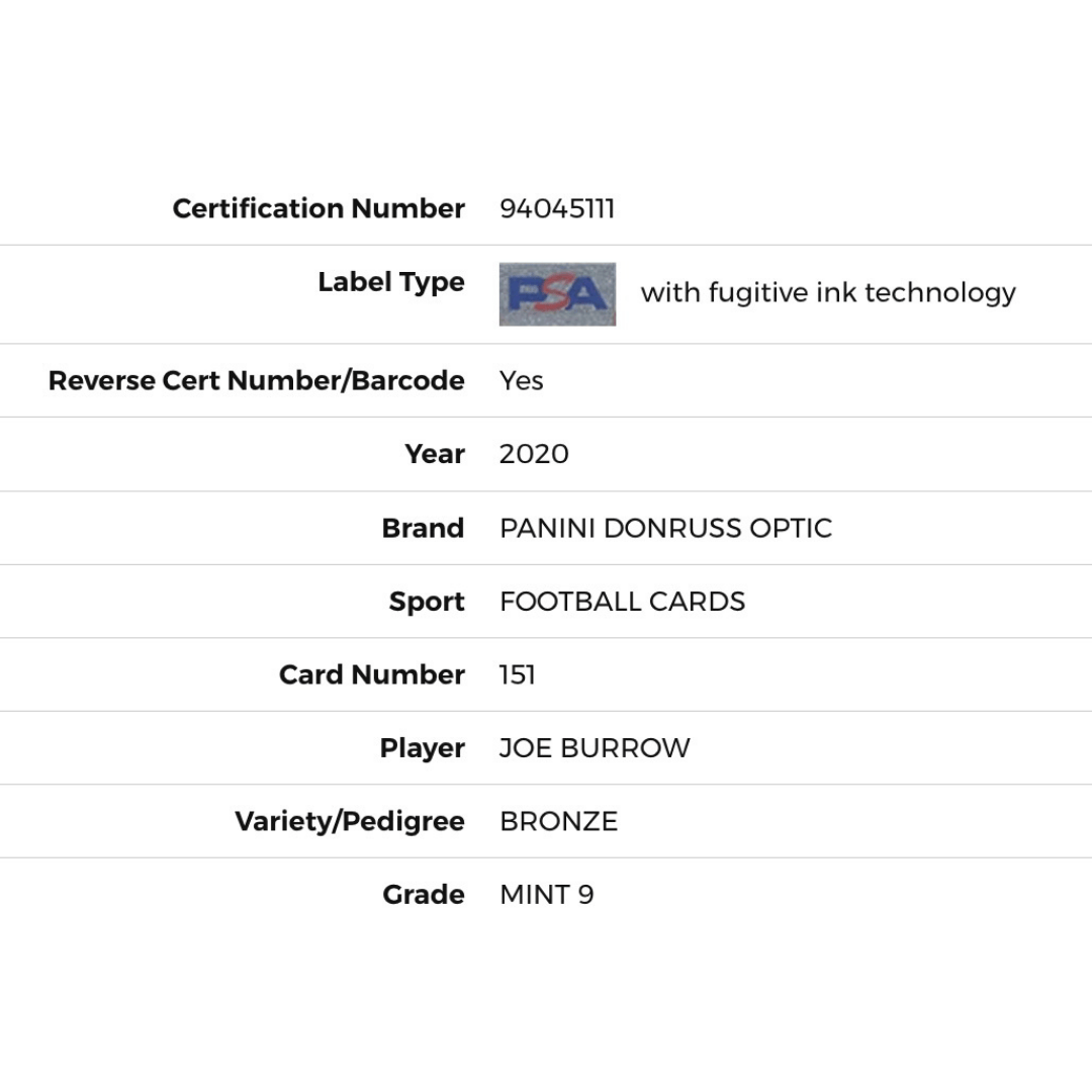 Joe Burrow PSA 9 2020 Panini Donruss Optic Bronze Rated Rookie Card #151