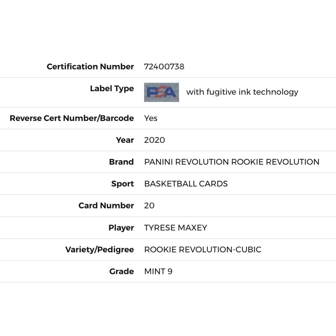 Tyrese Maxey PSA 9 2020 Panini Revolution Rookie Revolution Cubic Card #20
