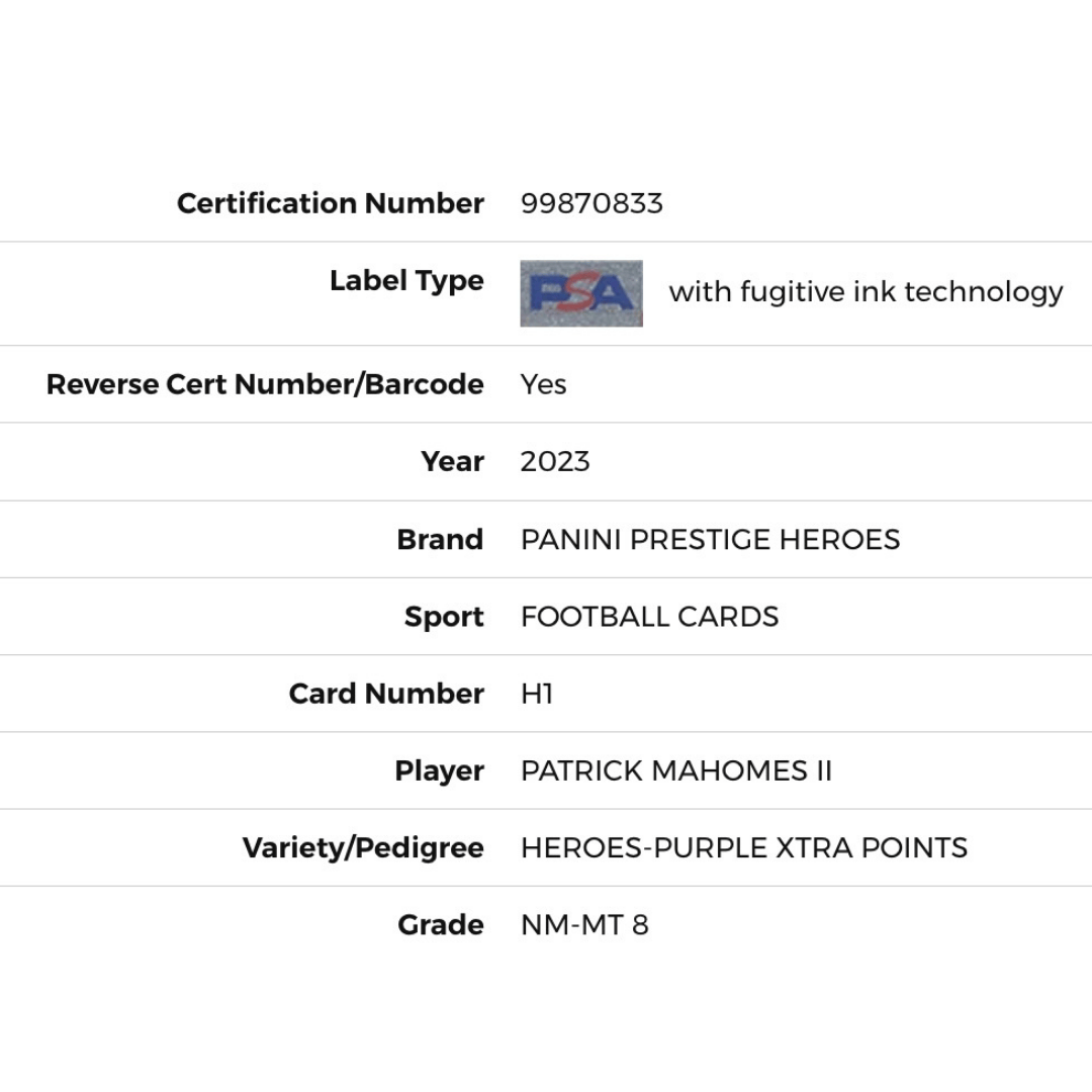 Patrick Mahomes PSA 8 2023 Panini Prestige Heroes - Purple Xtra Points Card #H1