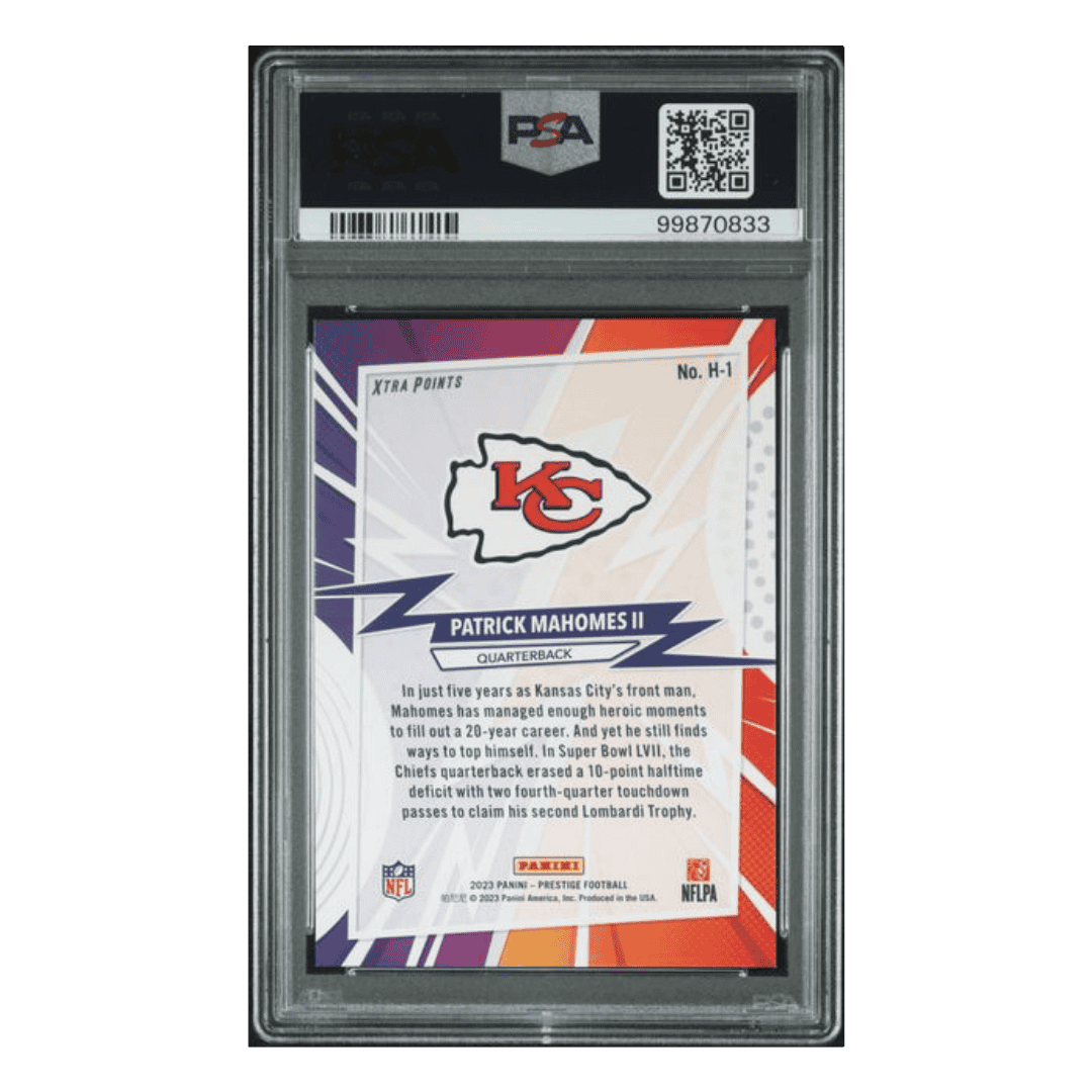 Patrick Mahomes PSA 8 2023 Panini Prestige Heroes - Purple Xtra Points Card #H1