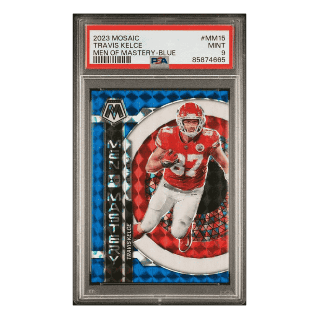 Travis Kelce PSA 9 2023 Panini Mosaic Men Of Mastery - Blue Card #MM15