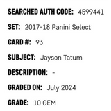 Jayson Tatum SGC 10 2017-18 Panini Select Rookie RC Card #93