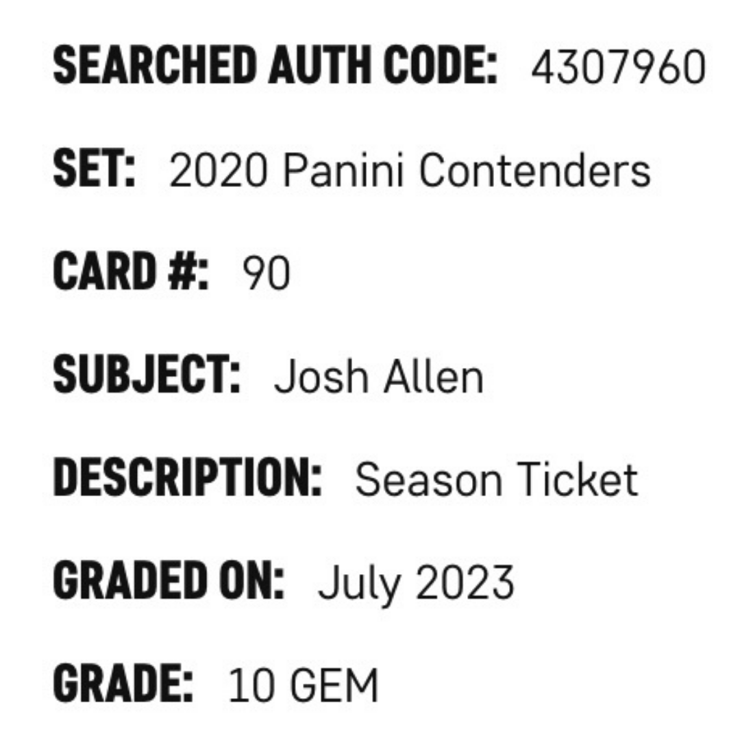 Josh Allen SGC 10 2020 Panini Contenders Season Ticket Card #90