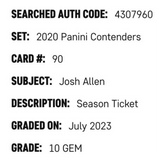 Josh Allen SGC 10 2020 Panini Contenders Season Ticket Card #90