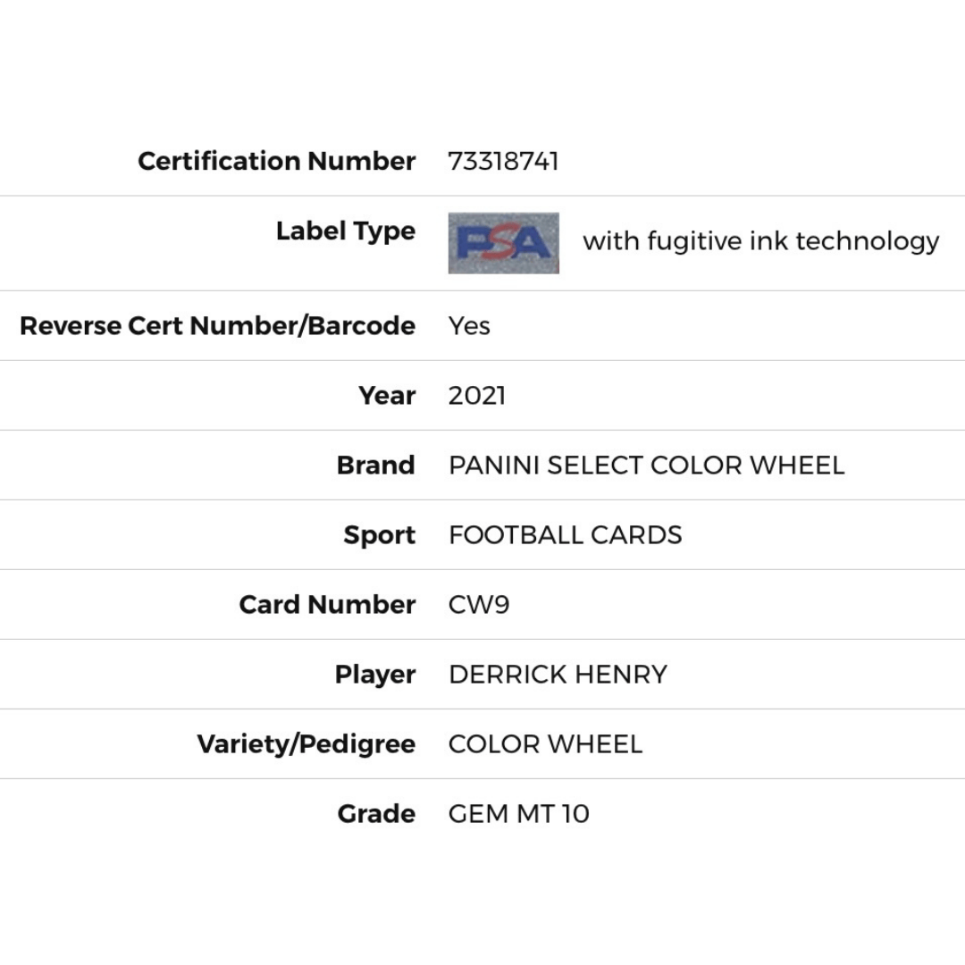 Derrick Henry PSA 10 2021 Panini Select Color Wheel Card #CW9