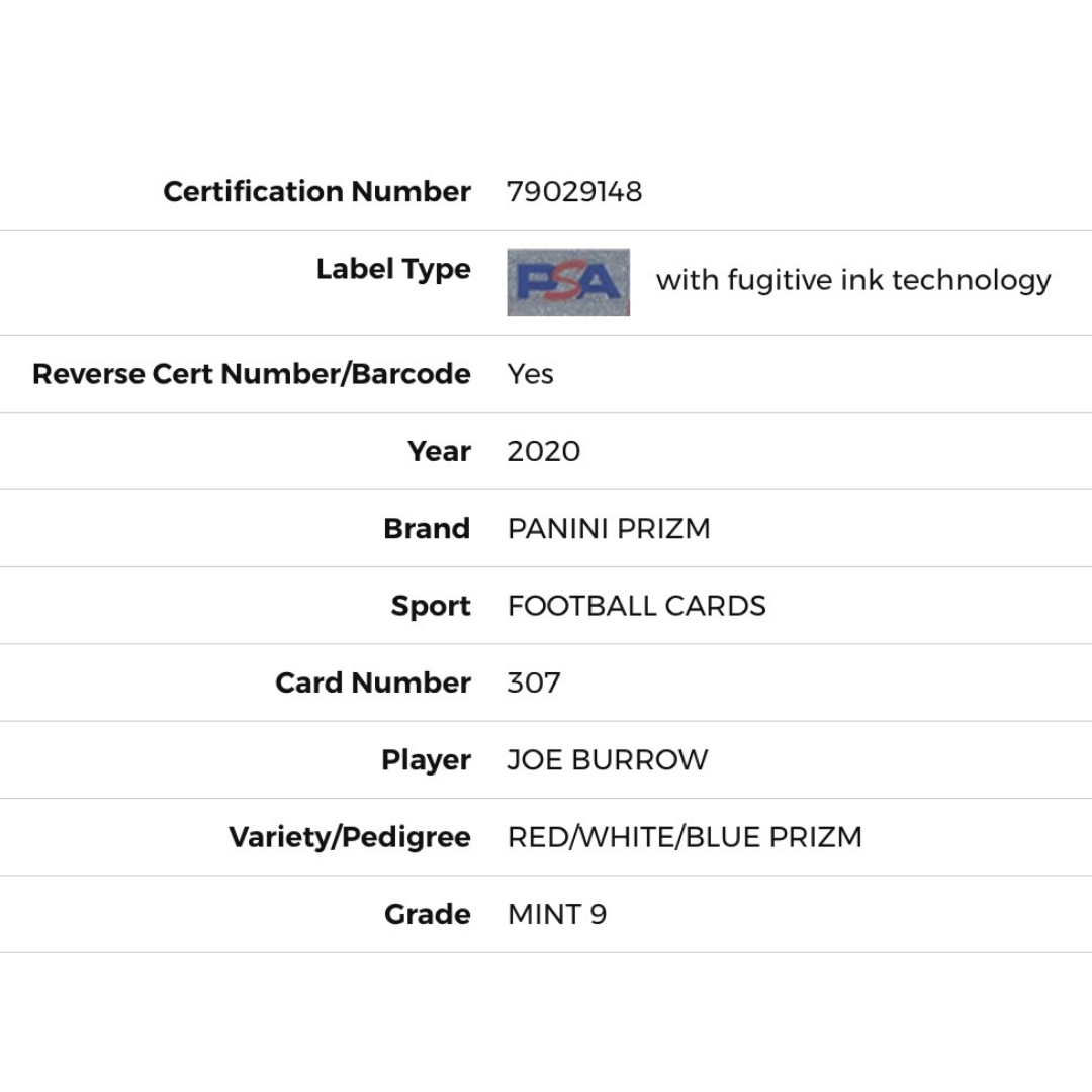 Joe Burrow PSA 9 2020 Panini Prizm Red/White/Blue Prizm Rookie RC Card #307